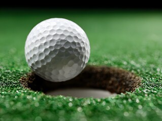 A white dimpled golf ball hovers just above the hole on the vibrant green putting surface ready to drop in.