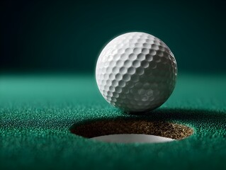 A dimpled white golf ball hovers precariously near the hole on the lush green putting surface in the sunlight.