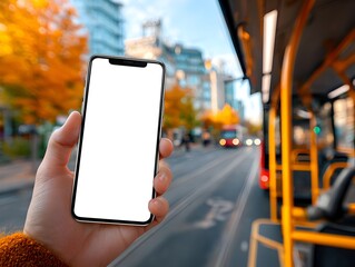 Person holds blank smartphone screen on a bus in autumn city with blurred buildings and colorful trees.