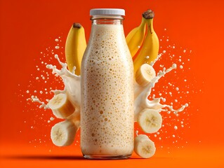 Delicious banana smoothie in glass bottle with fresh fruit and splash on vibrant orange background for advertising.