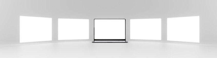 Sequence of five laptop screens with the computer in the center and floating screens on the sides...
