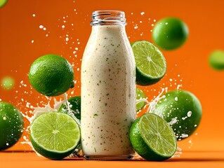 Refreshing lime smoothie splashing out of bottle surrounded by fresh green limes on a vibrant orange background.