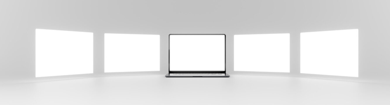 Sequence of five laptop screens with the computer in the center and floating screens on the sides in a white background. Blank template for your website design Ready for mockup. High resolution render