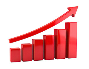 A red bar graph showing progressive growth with an upward arrow