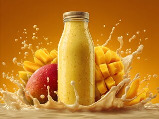Refreshing mango smoothie in glass bottle bursts with flavor amidst splashing milk on vibrant orange background.