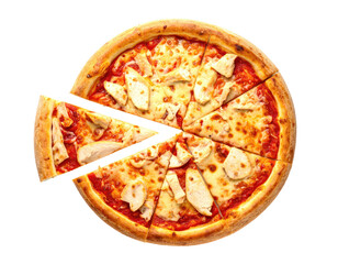 Overhead shot of a pizza with chicken, some slices separated on a black backdrop