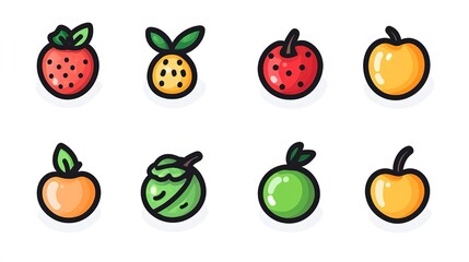Set of Cartoon - style Fruit Icons in Simple Design