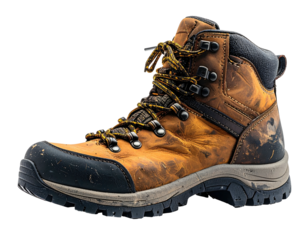 Weathered, leather hiking boot, laces, treads, sturdy design against isolated backdrop
