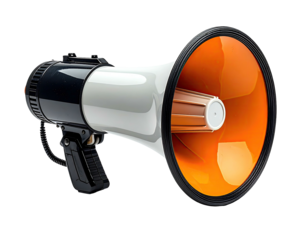 A glossy white, black, and orange megaphone, isolated on a black background