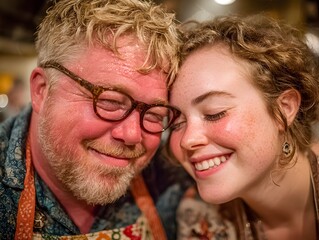 A loving father and daughter share a tender moment with foreheads together and eyes closed in contentment.