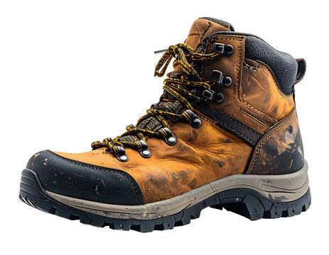Weathered, leather hiking boot, laces, treads, sturdy design against isolated backdrop