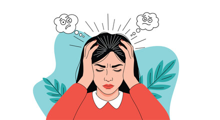 A woman experiencing stress and anxiety holding her head in her hands while thinking negative thoughts.