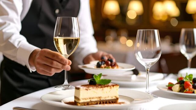 Waiter serving wine and desserts