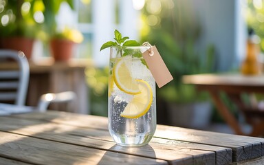Refreshing gin tonic with lemon and basil on a wooden table outdoors