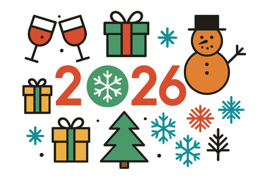 Happy New Year 2026 greeting card banner. Christmas celebration with geometric icons. Winter holiday design with snowman, gift box, tree, wine glass and snowflake symbols.
