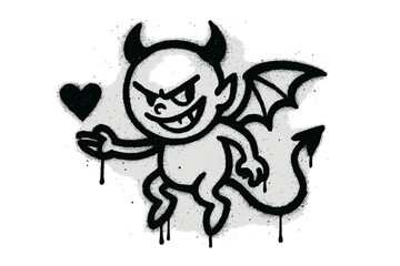 Cute graffiti devil with heart. Naughty winged demon character. Urban street art style. Black spray paint vector illustration with splatters and drips. Isolated design element.