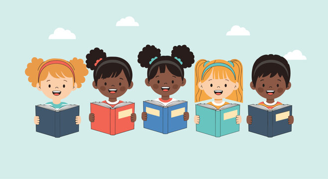 Diverse group of happy children reading books together in a classroom setting.