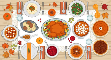 Thanksgiving Day traditional dishes vector illustration. Autumn food recipes.Roast turkey with side dishes top view