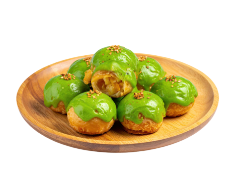 Seven glazed pastries with visible filling arranged on a wooden plate