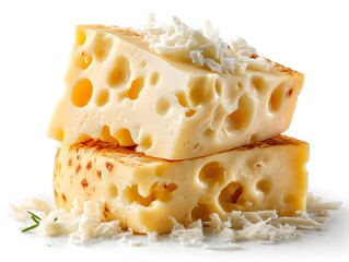 Two pieces of Swiss cheese are stacked and topped with grated cheese on a white surface in studio shot.