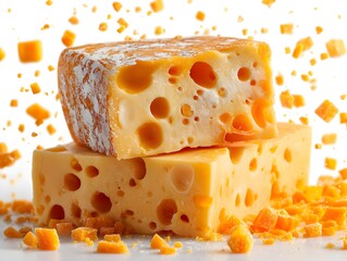 Two blocks of fresh swiss cheese are stacked together with small pieces floating around on a white table.