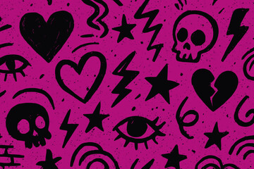 Y2K emo seamless pattern. Grunge subculture graffiti background. Hand-drawn doodle with skull, broken heart, star, eye. Teen street art vector illustration in magenta.