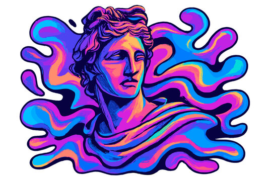Vaporwave collage with Apollo Belvedere bust. Distorted melting marble sculpture in holographic retrowave style. Postmodern aesthetics with fluid psychedelic neon colors.