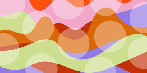 Colorful abstract background with wavy shapes and transparent circles in pink, orange, green, and purple tones.