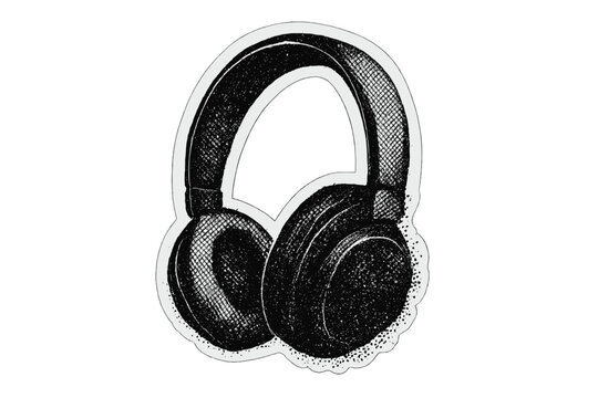 Halftone headphones vector illustration. Grunge music sticker with dotted photocopy texture. Retro audio headset icon isolated on transparent background. Vintage sound concept.