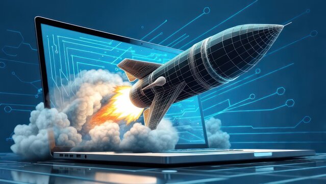 Dynamic rocket launch explodes from laptop screen symbolizing rapid digital innovation and business growth in a futuristic tech landscape.