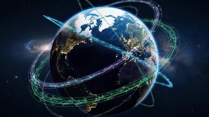 Earth from space city lights on night side continents on day Glowing blue green purple lines encircle the globe symbolizing global data connectivity A distant spiral galaxy lights the starry cosmos - Powered by Adobe