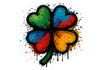 Colorful four-leaf clover in urban graffiti style. Lucky shamrock symbol made of grunge spray paint splashes and drips. St. Patrick's Day street art vector illustration.