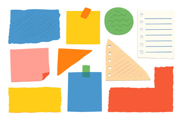 Vector set of torn paper scraps and sticky notes. Colorful trendy collage with ripped notebook pages and textured paper shapes for modern design, reminders or messages.