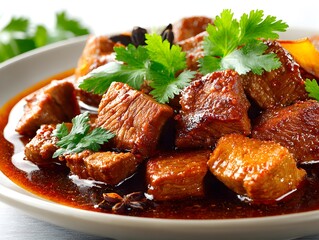 Delicious braised pork belly cubes are garnished with fresh cilantro and star anise in a savory dark sauce.