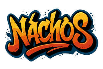 Nachos word in urban street graffiti style. Hand drawn lettering vector. Textured Y2K brush calligraphy. Typography for Mexican fast food snack menu. Cartoon illustration.