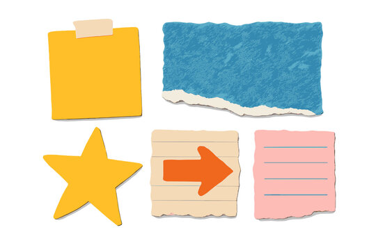Vector set of torn paper scraps. Colorful paper collage elements with texture. Sticky note, star, arrow, and ripped notebook pages for modern design and scrapbooking.