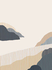Minimalist abstract landscape featuring a serene scene of hilly landscape beside water filled with lines of muted purple and grey tones