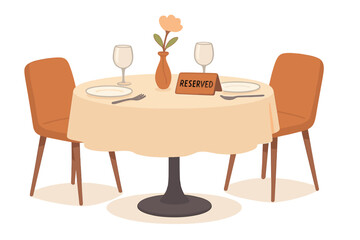 Reserved table in restaurant concept. Romantic date for two. Cafe reservation service. Dinner setting with chairs, wine glasses, tablecloth. Vector cartoon illustration booking.