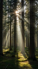 Obraz premium Sunbeams Illuminate Mossy Forest Floor Through Tall Pine Trees