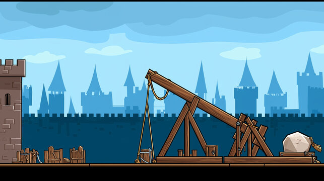 catapult. A medieval trebuchet on a castle battlement, loaded with a stone against a cloudy sky. real-estate listings.