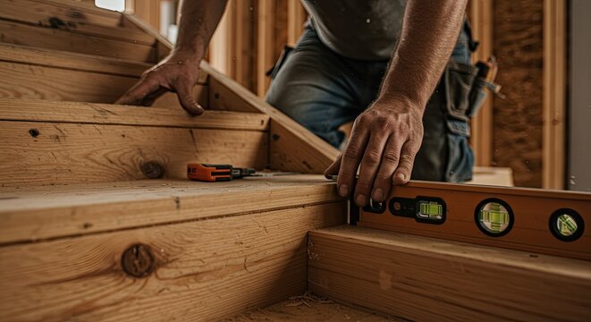 Carpenter installing wooden stairs in a construction site building