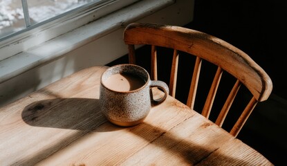 A mug of coffee sits on a wooden table beside a wooden chair.