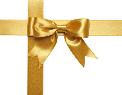 A detailed golden ribbon tied into a bow over intersecting vertical and horizontal ribbons