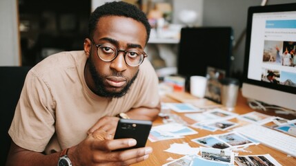 Portrait of a happy African American man engaged with his smartphone in a well-lit workspace surrounded by photographs