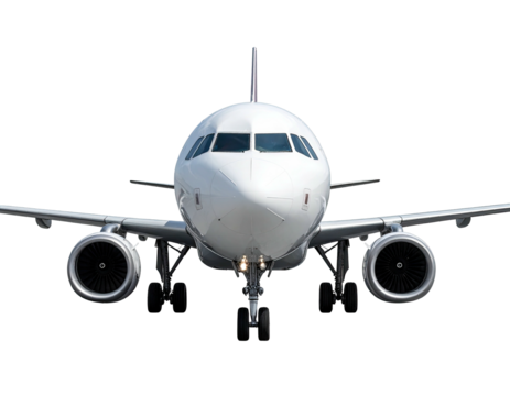 A white passenger plane, head-on against a black backdrop