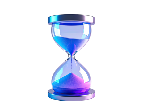 A glowing hourglass with blue and pink sand, isolated on black background