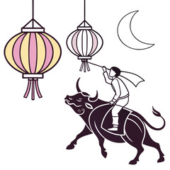 A person riding a bull under a crescent moon with traditional lanterns hanging in the night sky
