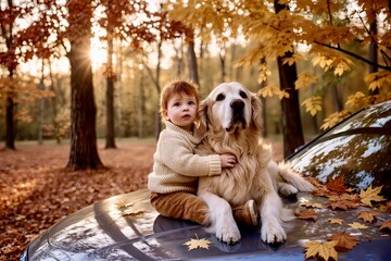 Little boy with his pet dog sitting on the hood of the car in the autumn forest 