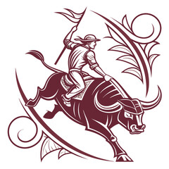 Dynamic illustration of a cowboy riding a bucking bull with a flag and decorative flourishes