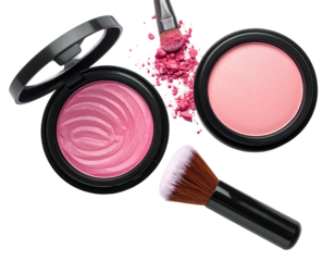 Pink blush compacts with a brush and powder, ready for application